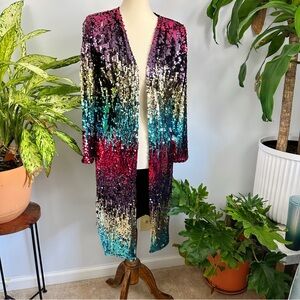 L'ATISTE Rainbow Festival Sequin Cardigan, Colorful circus shimmer duster jacket